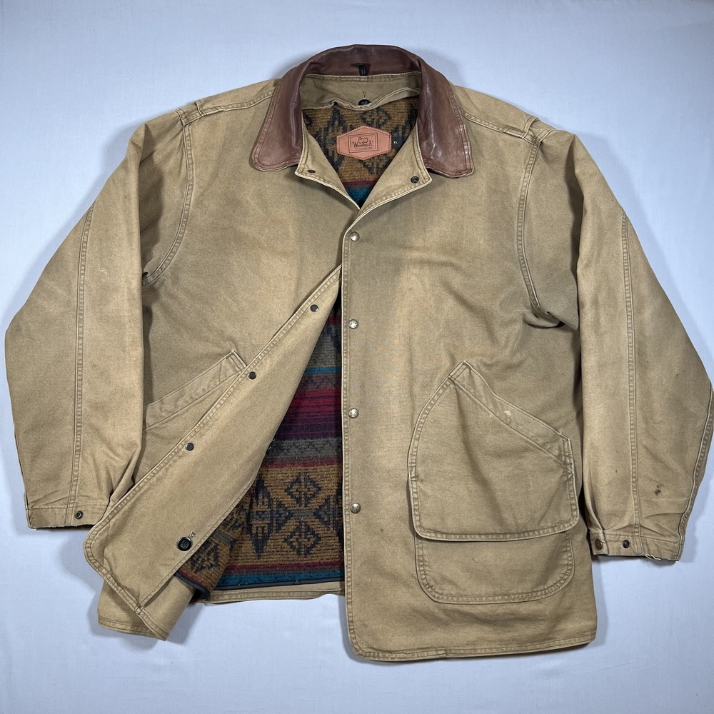 Vintage Woolrich Barn Chore Jacket Mens XL Leather Collar Aztec Wool Lined USA